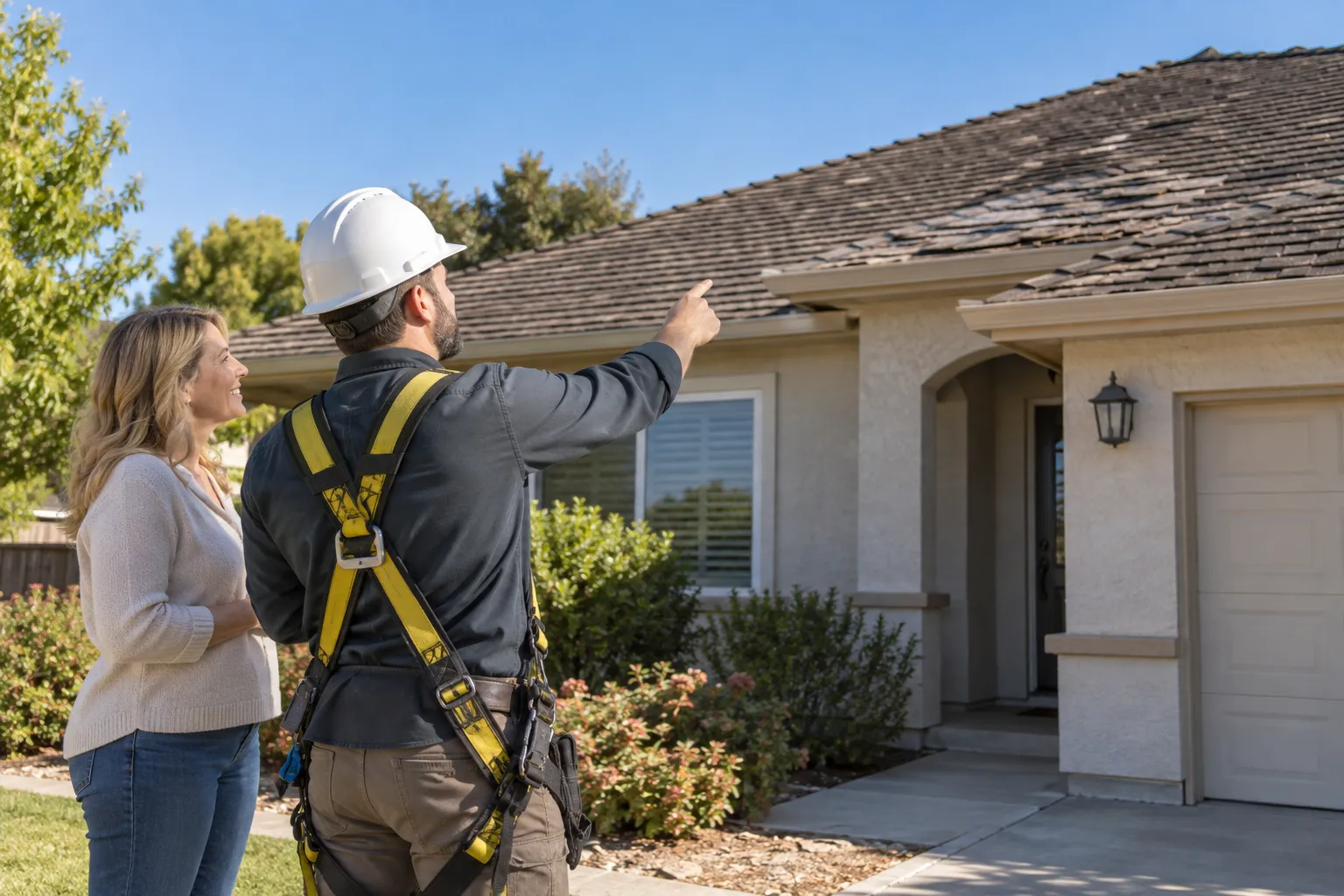 A local provider inspecting a stucco ranch home roof in Irvine while a homeowner looks on from the driveway
