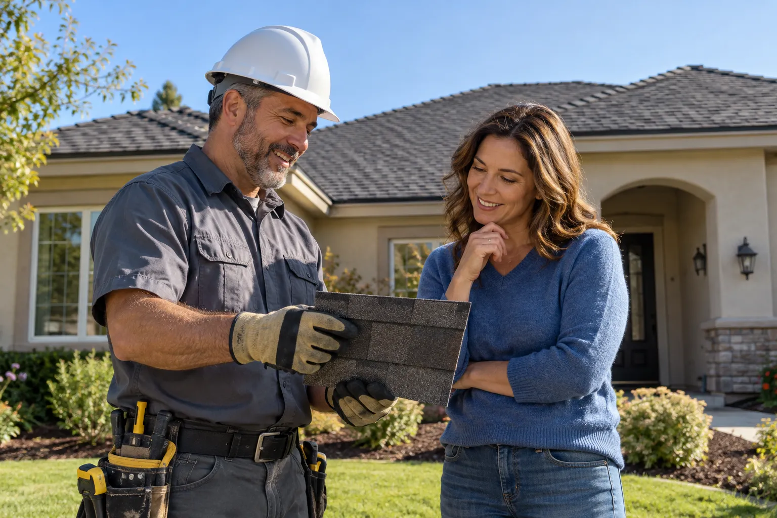 A local roofing provider and a homeowner reviewing a new roof on a stucco ranch home in Irvine